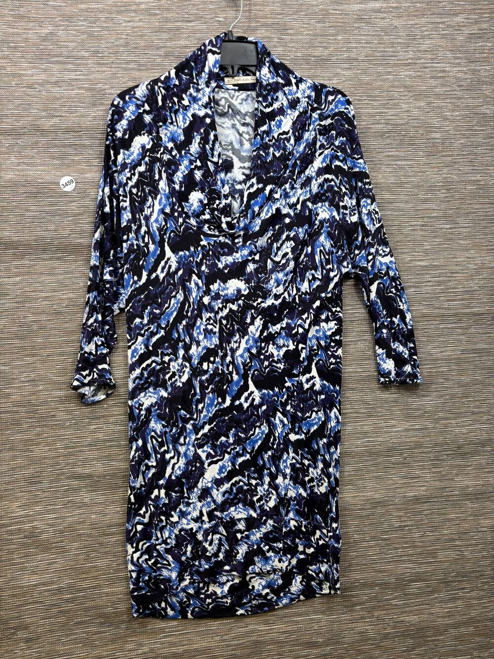 Balenciaga Dress Womens Size 12 Blue Tie Dye Cowl Neck Sheath Jersey 3/4 Sleeve